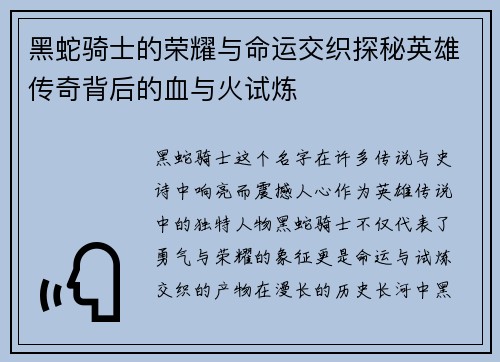 黑蛇骑士的荣耀与命运交织探秘英雄传奇背后的血与火试炼
